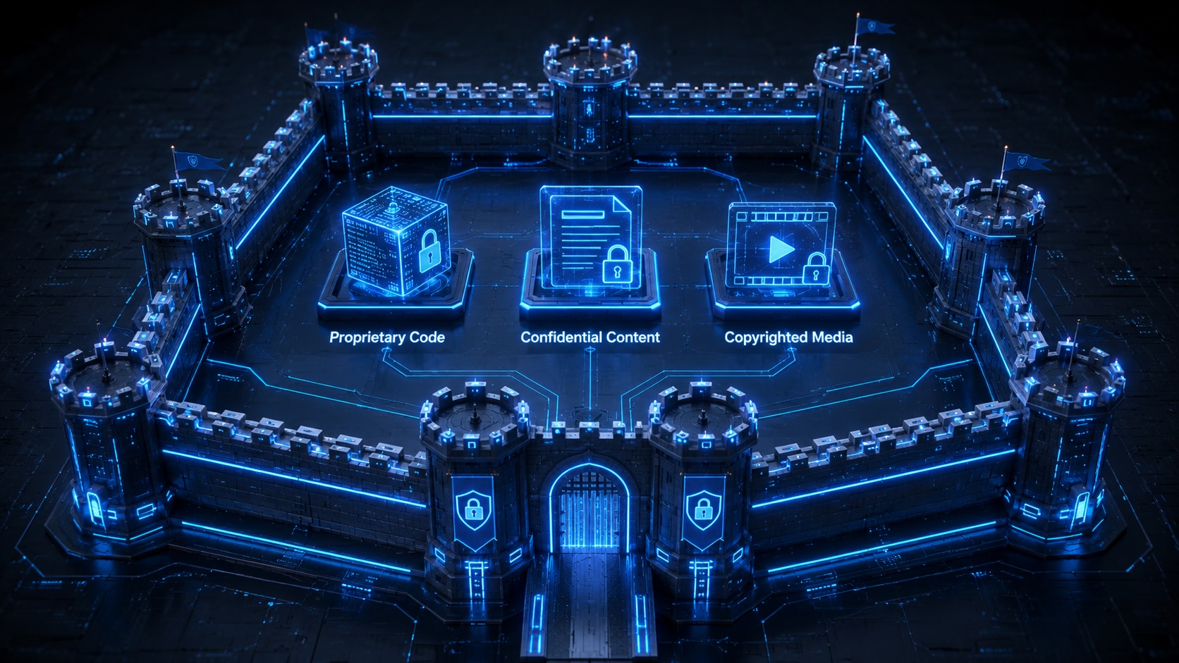 A glowing castle wall encircling proprietary code, confidential content, and copyrighted media, its gate standing open. Perimeter security guards the wall, not the content inside.